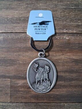Heritage Pewter Moose Elk Forest USA Bag Tag Charm 1990's Vintage